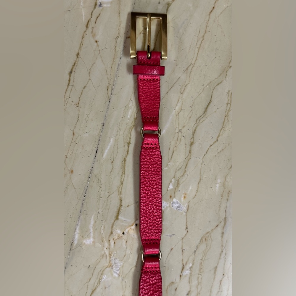 ETCETERA Red Women’s Adjustable Chain-Link leather Belt with bronze buckles.